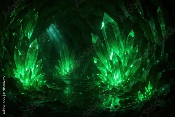 Fototapeta Luxurious emerald crystal background, rich green gemstones with radiant facets, glowing light refractions creating shimmering highlights