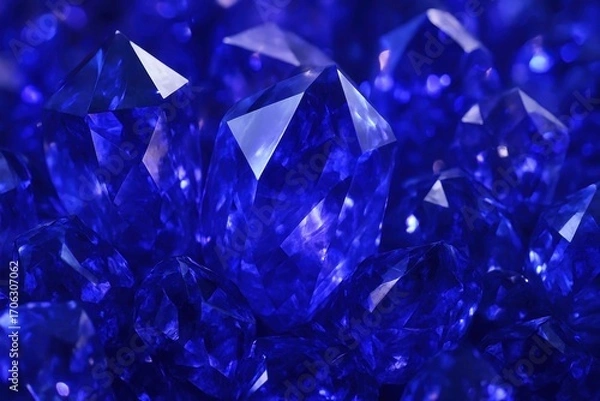 Fototapeta Elegant tanzanite crystal background, deep blue-violet gemstones with radiant facets, glowing light reflections creating a luxurious and mystical effect