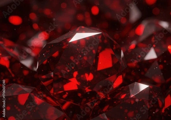 Fototapeta Luxurious ruby crystal background, deep red gemstones with glowing facets, shimmering light reflections