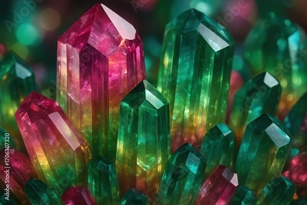 Fototapeta Luxurious tourmaline crystal background, multi-colored gemstones with radiant transparent facets