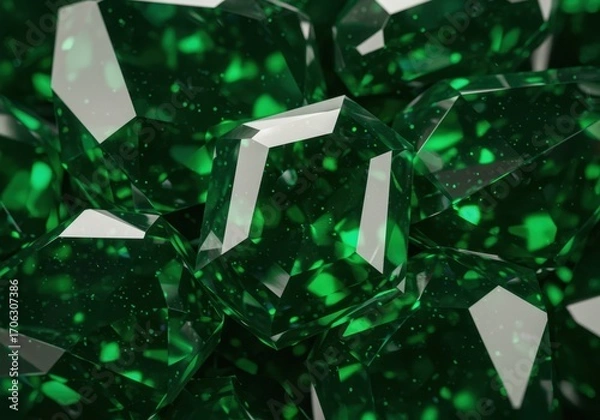 Fototapeta Luxurious emerald crystal background, rich green gemstones with radiant facets, glowing light refractions creating shimmering highlights