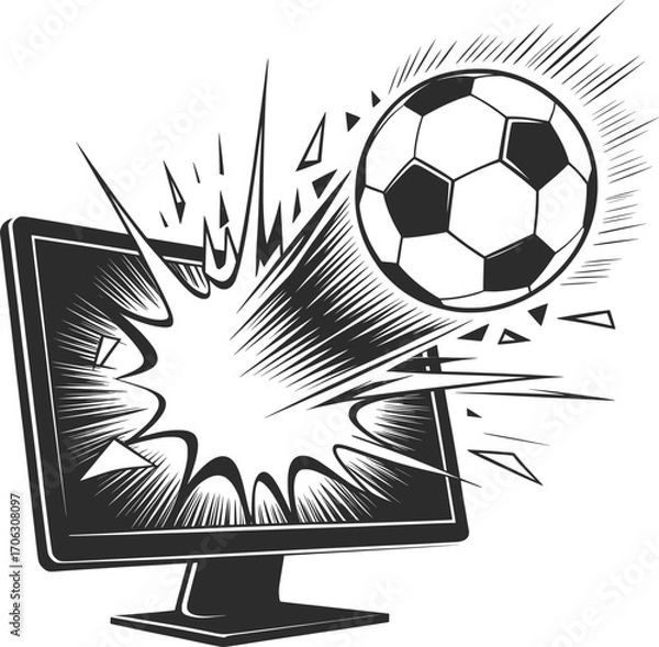 Fototapeta Soccer Ball Breaking Computer Screen Vector Illustration.