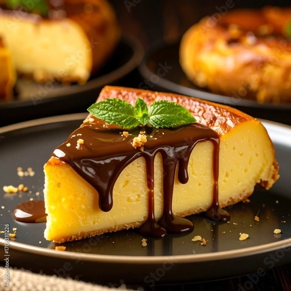 Obraz Close-up of a slice of cheesecake with chocolate sauce and mint