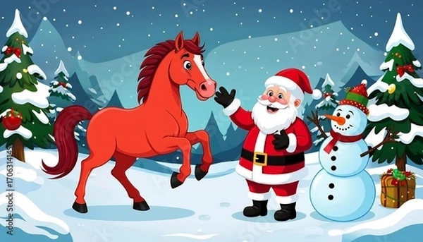 Fototapeta There is a red horse next to Santa Claus and the snowman. 