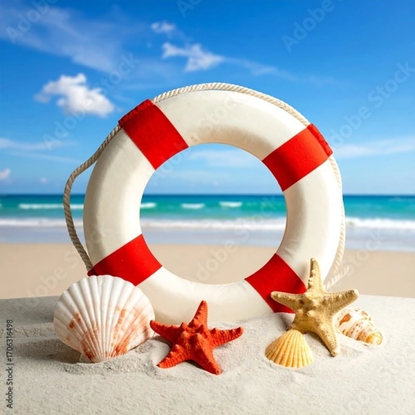 Obraz Beach lifeguard ring and shells