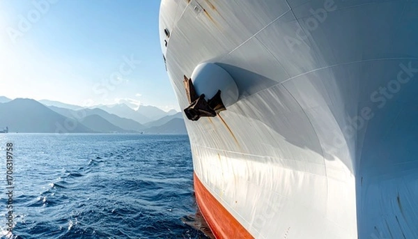 Fototapeta Front Bow of a Cargo Vessel with Anchor, Ocean and Mountain Background