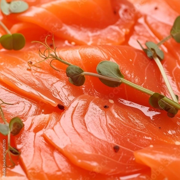 Fototapeta Close-up of sliced smoked salmon with microgreens