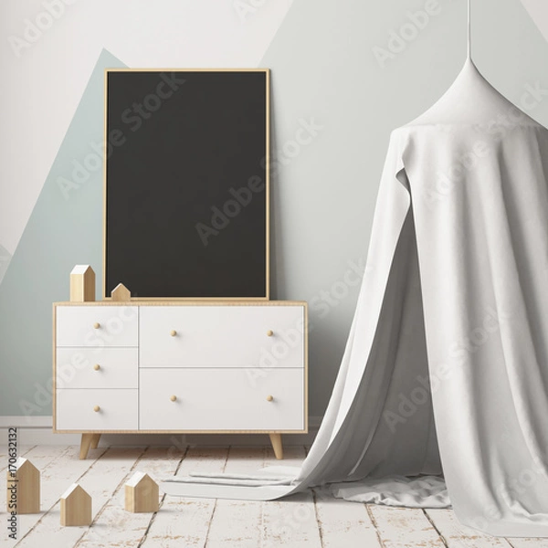 Fototapeta Mock up poster in the children's bedroom with a canopy. Scandinavian style. 3d