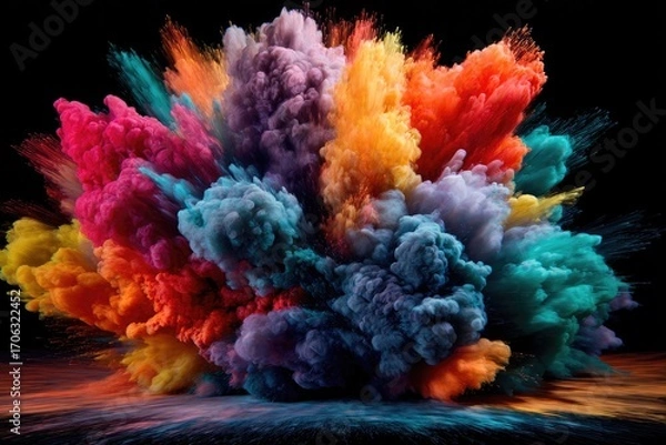 Fototapeta Paint pigments explosion on black background. Different colours burst with dynamic visual effect. Vibrant colorants blast