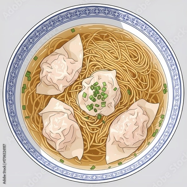 Fototapeta Classic Hong Kong Wonton Noodle Soup - Elegant Overhead Shot