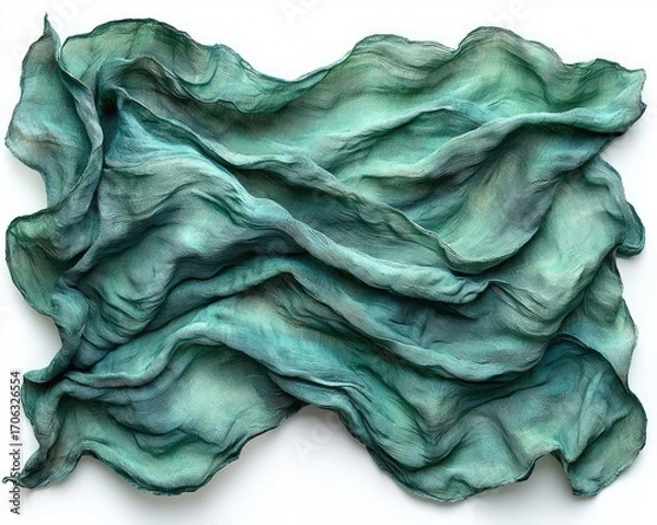 Obraz Textured teal silk draped on white background