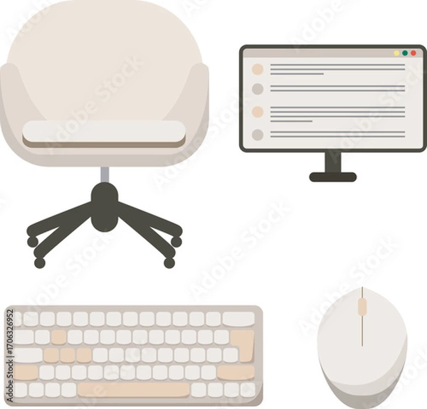 Obraz Office graphics: computer, chair, mouse, keyboard. White sleek modern design 