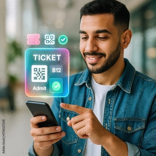 Obraz Digital ticket confirmation urban setting smartphone interaction contemporary environment close-up view tech convenience