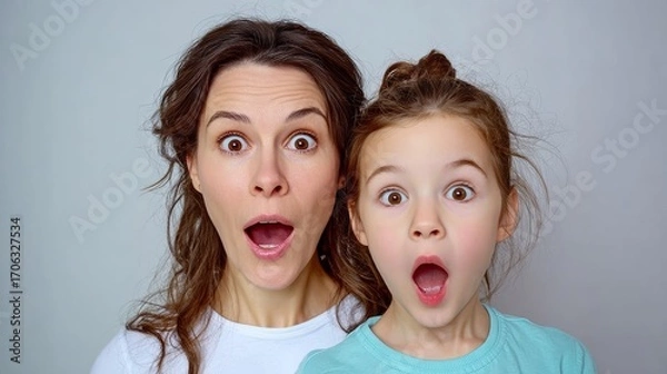 Fototapeta Woman and a little girl are standing next to each other, both with wide open mouths. The woman is looking at the camera, while the girl is looking away
