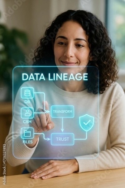 Obraz Data lineage demonstration in business environment interactive content office space engaging viewpoint trust concept