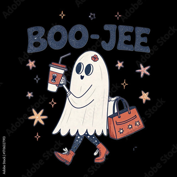 Fototapeta Cute ghost character walking with a coffee and handbag isolated on transparent background