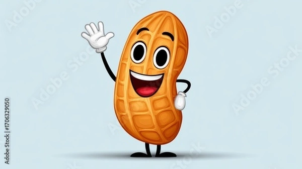 Fototapeta Cartoon character made to look like a peanut is waving. The character is smiling and has a happy expression