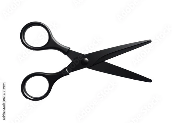 Fototapeta Professional black scissors with elegant curved handles positioned open against clean white background. Sharp metallic blades create striking contrast. For crafting and office themes.
