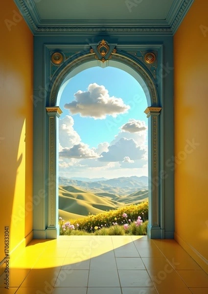 Fototapeta Scenic archway view of rolling hills with vibrant yellow walls and sunny blue sky