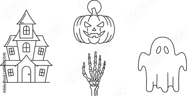 Obraz Spooky halloween icons featuring a haunted house pumpkin skeleton hand ghost