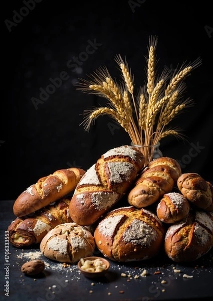 Fototapeta Variety of freshly baked artisan bread with wheat stalks in a rustic setting