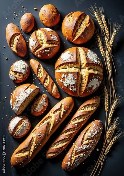 Fototapeta Assorted freshly baked artisan breads with rustic wheat on dark surface