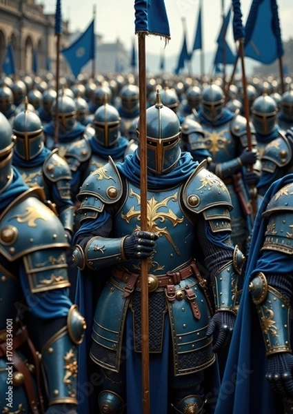 Fototapeta Blue armored medieval knights with flags preparing for ceremonial parade in historic square