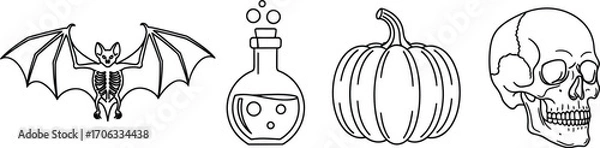 Fototapeta Halloween icons in outline style with bat potion pumpkin and skull design