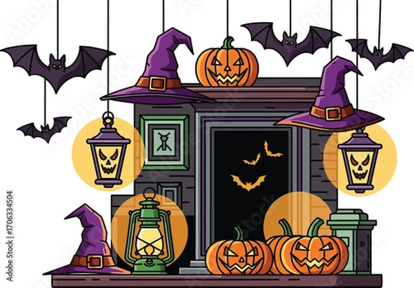 Fototapeta Spooky halloween decorations with pumpkins bats and witch hats for a fun party