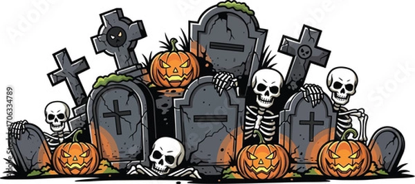 Obraz Spooky halloween graveyard scene with skeletons pumpkins and tombstones art