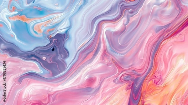 Fototapeta Colorful fluid abstract artwork with swirling pastel tones of pink, blue, lavender, and gold accents, creating a dreamy texture.