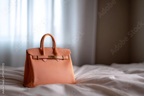 Fototapeta Elegant Handbag on Soft Bedding
