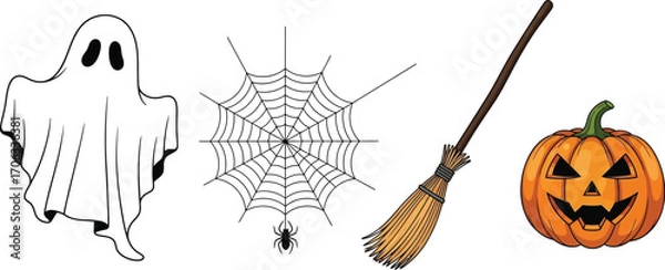 Obraz Spooky halloween icons featuring a ghost spiderweb broom and jack o lantern