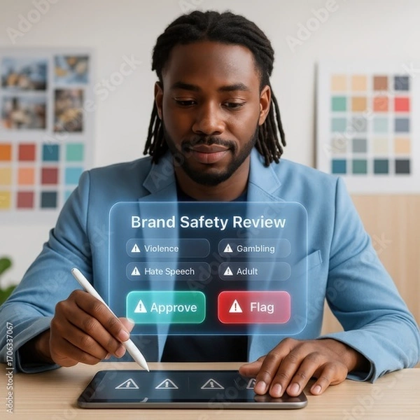 Fototapeta An individual using a digital tablet to review brand safety, with options to approve or flag content. The focus is on digital review and decision-making processes.