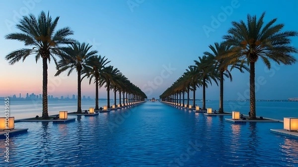 Fototapeta Symmetrical infinity pool lined with palm trees at sunset with city skyline in distance