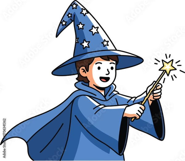 Fototapeta Young wizard casting a spell with a magic wand wearing a blue robe and hat with stars