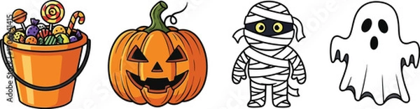 Fototapeta Halloween characters including a pumpkin mummy ghost and bucket of candy