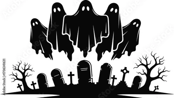 Fototapeta Spooky ghosts hovering over a graveyard with tombstones and bare trees at night