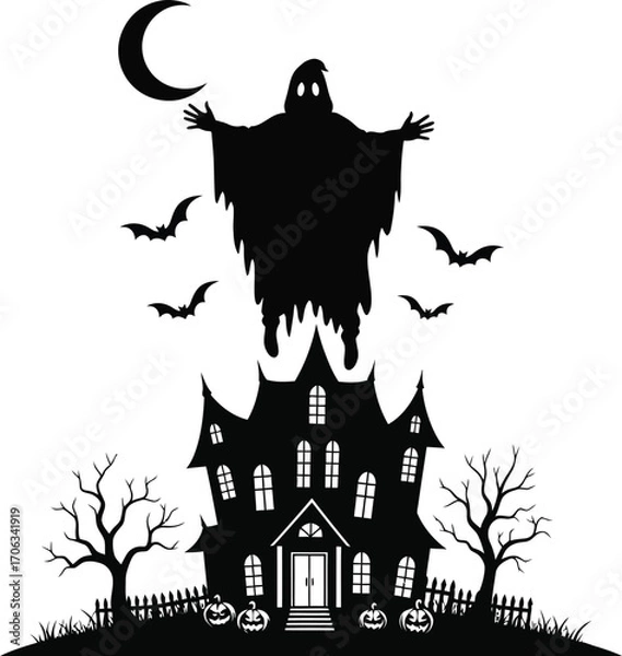 Fototapeta Spooky halloween night scene with haunted house ghost bats and crescent moon
