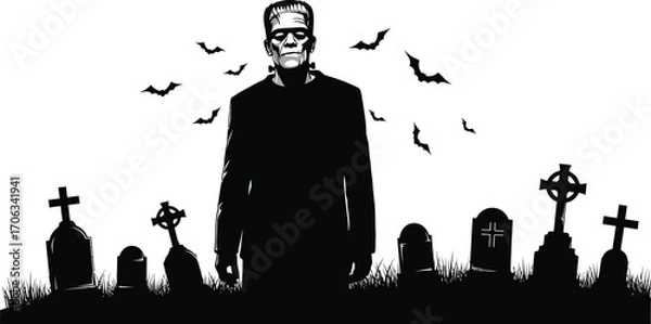Fototapeta Frankenstein's monster standing in a graveyard with bats flying around him