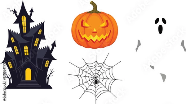 Fototapeta Spooky halloween elements featuring a haunted house pumpkin ghost and spiderweb