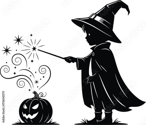 Fototapeta Silhouette of a child wizard casting a spell on a pumpkin for halloween night