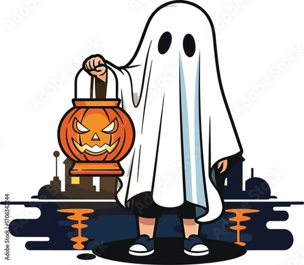 Fototapeta Child dressed as a ghost holding a jacko'lantern on halloween night vector art