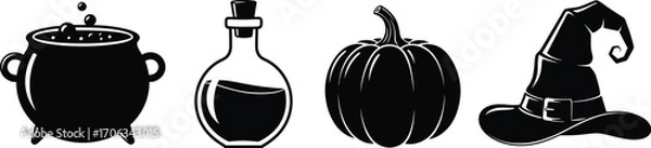Fototapeta Halloween icons featuring a cauldron potion pumpkin and witch hat in black