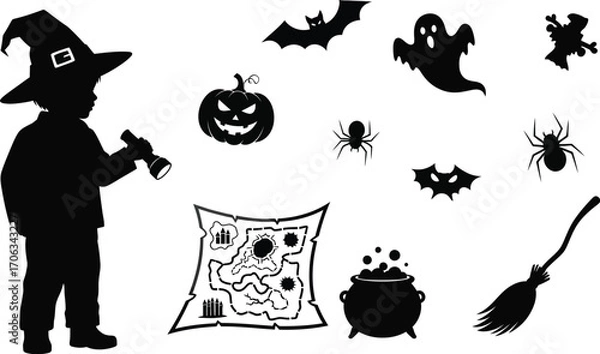 Fototapeta Little witch with flashlight looking at a map surrounded by halloween icons