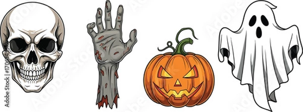 Fototapeta Halloween icons featuring a skull zombie hand pumpkin and ghost on white