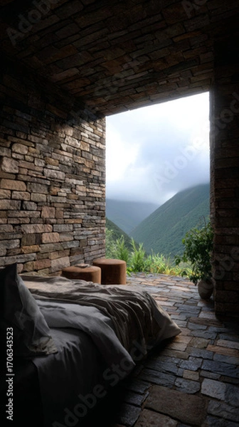 Fototapeta Cozy Stone Room with Mountain View

