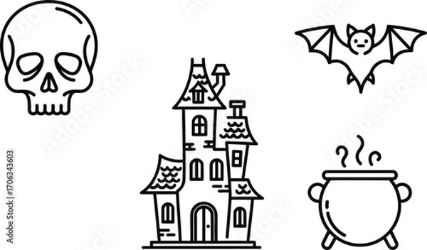 Fototapeta Spooky halloween elements in a minimalist line art style on a white background