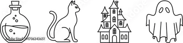 Fototapeta Halloween icons in black and white featuring a potion cat house and ghost