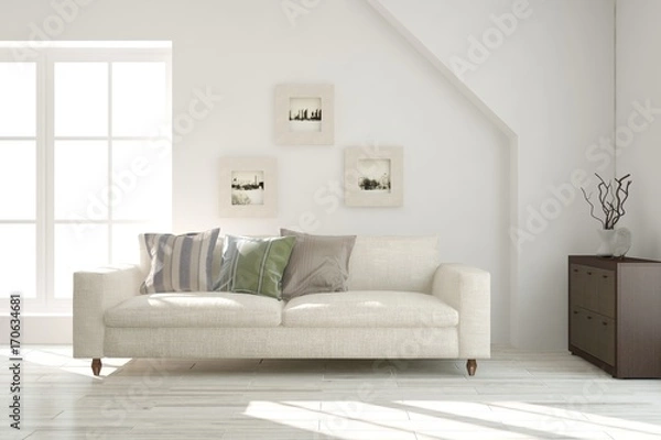 Fototapeta Idea of white minimalist room with sofa. Scandinavian interior design. 3D illustration